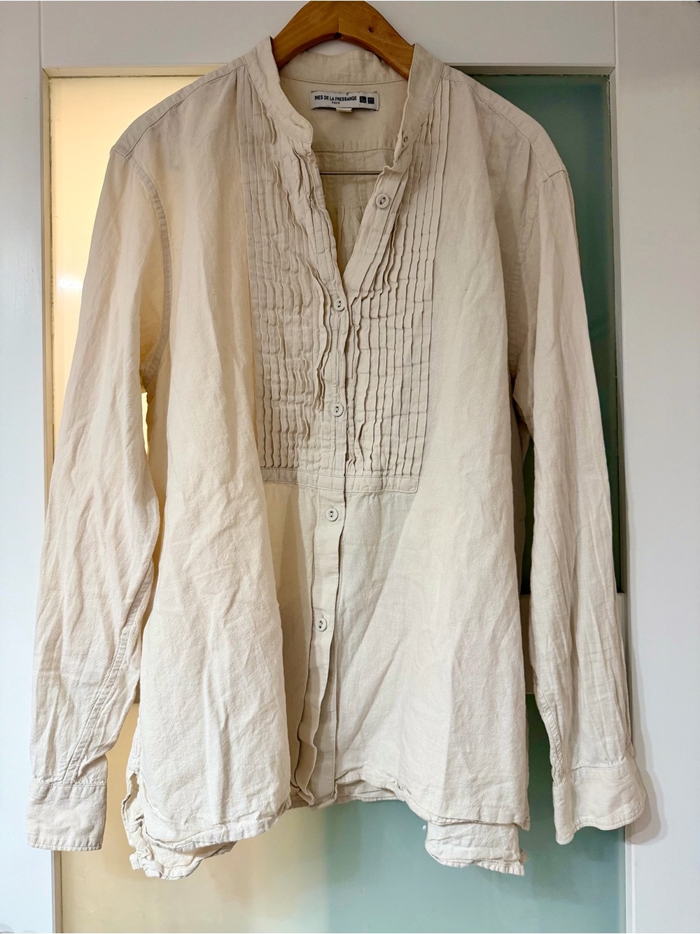 Uniqlo Men's Cream Pintuck Mandarin Collar Button-Down Shirt